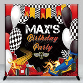 Aperturee Aperturee Custom Race Car Birthday Party Backdrop Red and Blue Cars with Flames Banner Checkered Flag Finish Line Decor