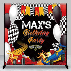 Aperturee Aperturee Custom Race Car Birthday Party Backdrop Red and Blue Cars with Flames Banner Checkered Flag Finish Line Decor