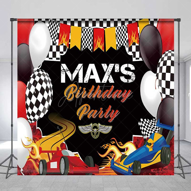 Aperturee Aperturee Custom Race Car Birthday Party Backdrop Red and Blue Cars with Flames Banner Checkered Flag Finish Line Decor