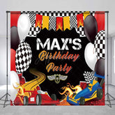Aperturee Aperturee Custom Race Car Birthday Party Backdrop Red and Blue Cars with Flames Banner Checkered Flag Finish Line Decor