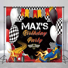 Aperturee Aperturee Custom Race Car Birthday Party Backdrop Red and Blue Cars with Flames Banner Checkered Flag Finish Line Decor