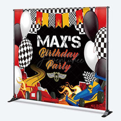 Aperturee Aperturee Custom Race Car Birthday Party Backdrop Red and Blue Cars with Flames Banner Checkered Flag Finish Line Decor