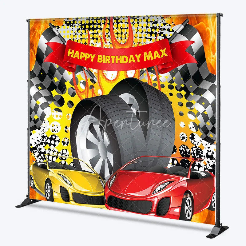 Aperturee - Aperturee Custom Racing Car Birthday Backdrop Speed Vehicles Checkered Flag Background Personalized Name Fast One Party Decor