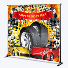Aperturee - Aperturee Custom Racing Car Birthday Backdrop Speed Vehicles Checkered Flag Background Personalized Name Fast One Party Decor