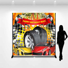 Aperturee - Aperturee Custom Racing Car Birthday Backdrop Speed Vehicles Checkered Flag Background Personalized Name Fast One Party Decor