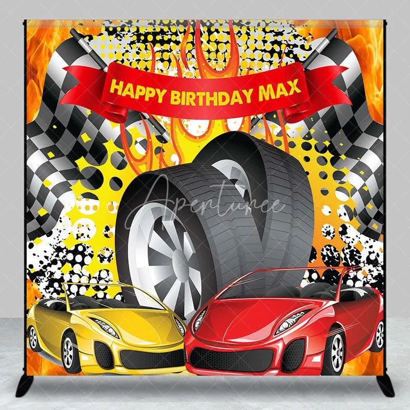 Aperturee - Aperturee Custom Racing Car Birthday Backdrop Speed Vehicles Checkered Flag Background Personalized Name Fast One Party Decor
