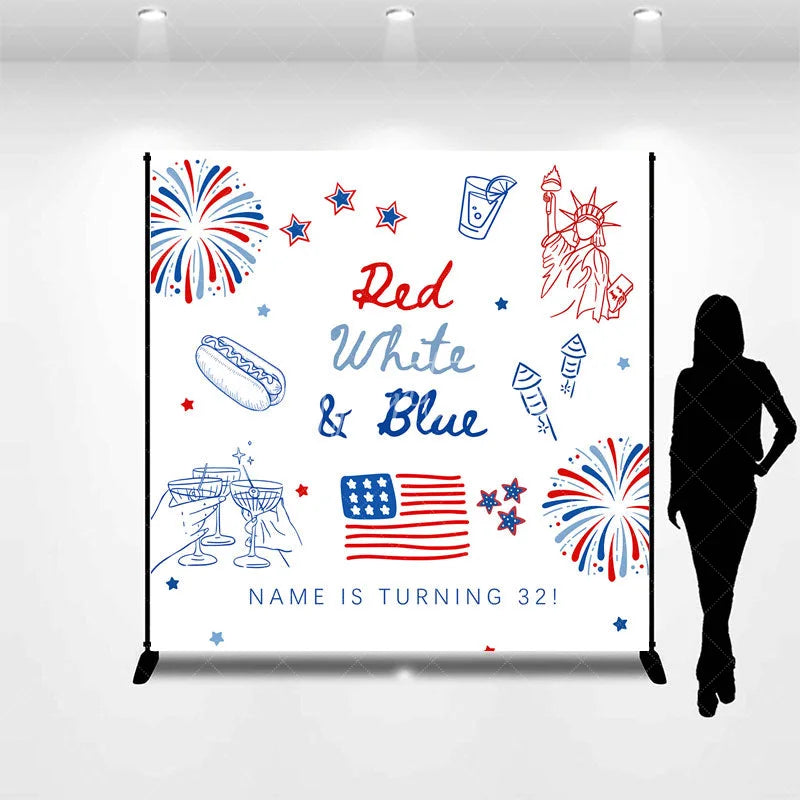 Aperturee - Aperturee Custom Red White and Blue Birthday Backdrop Patriotic Statue of Liberty Background Personalized Name Independence Day