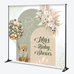 Aperturee - Aperturee Custom Sage Green Beige Arched Baby Shower Backdrop Teddy Bear Balloons Pampas Floral We Can Bearly Wait Design