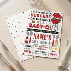 Aperturee - Aperturee Custom Set of 20 Baby-Q Baby Shower Invitation with a Bun in the Oven featuring BBQ Grill and Polka Dots