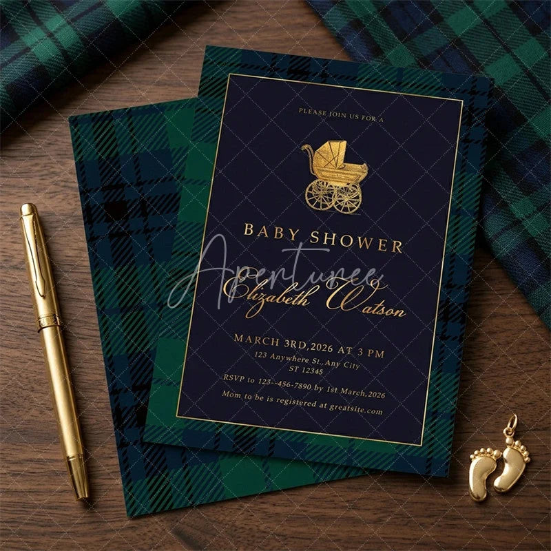 Aperturee - Aperturee Custom Set of 20 Baby Shower Invitation with Golden Baby Carriage Elegant Navy Blue and Tartan Plaid Design