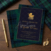 Aperturee - Aperturee Custom Set of 20 Baby Shower Invitation with Golden Baby Carriage Elegant Navy Blue and Tartan Plaid Design