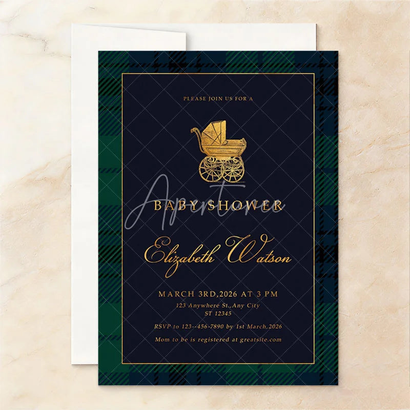 Aperturee - Aperturee Custom Set of 20 Baby Shower Invitation with Golden Baby Carriage Elegant Navy Blue and Tartan Plaid Design