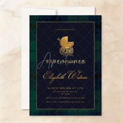 Aperturee - Aperturee Custom Set of 20 Baby Shower Invitation with Golden Baby Carriage Elegant Navy Blue and Tartan Plaid Design