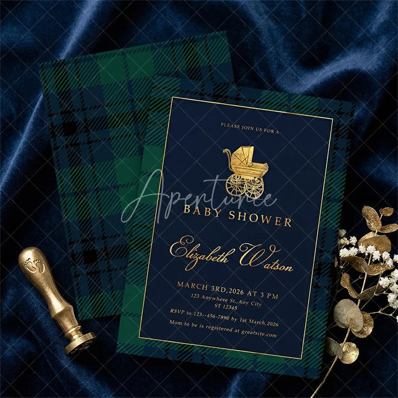 Aperturee - Aperturee Custom Set of 20 Baby Shower Invitation with Golden Baby Carriage Elegant Navy Blue and Tartan Plaid Design