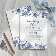 Aperturee - Aperturee Custom Set of 20 Blue Floral Chinoiserie Bridal Shower Invitation Personalized Something Blue Before I Do Party