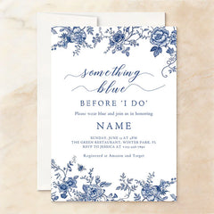 Aperturee - Aperturee Custom Set of 20 Blue Floral Chinoiserie Bridal Shower Invitation Personalized Something Blue Before I Do Party