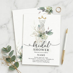 Aperturee - Aperturee Custom Set of 20 Bridal Shower Invitation Elegant Wedding Dress Eucalyptus Gold Design Personalized Party