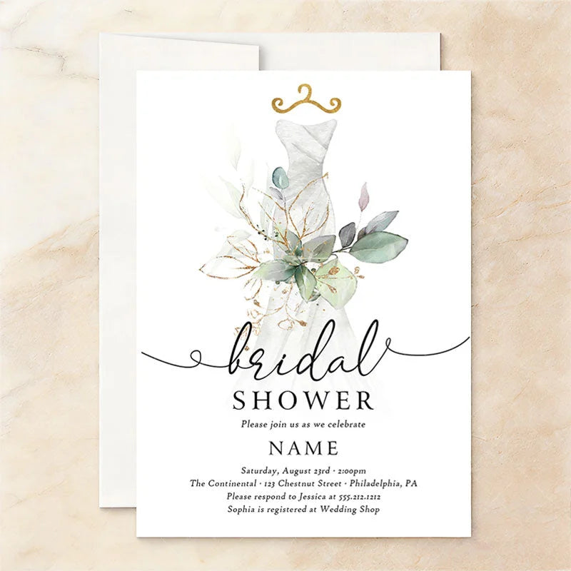 Aperturee - Aperturee Custom Set of 20 Bridal Shower Invitation Elegant Wedding Dress Eucalyptus Gold Design Personalized Party