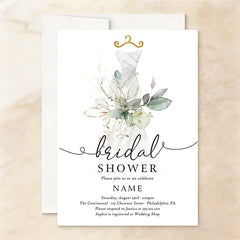 Aperturee - Aperturee Custom Set of 20 Bridal Shower Invitation Elegant Wedding Dress Eucalyptus Gold Design Personalized Party