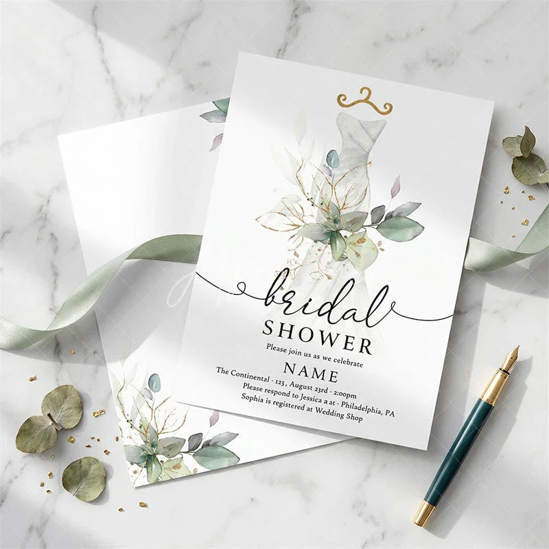 Aperturee - Aperturee Custom Set of 20 Bridal Shower Invitation Elegant Wedding Dress Eucalyptus Gold Design Personalized Party