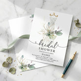 Aperturee - Aperturee Custom Set of 20 Bridal Shower Invitation Elegant Wedding Dress Eucalyptus Gold Design Personalized Party