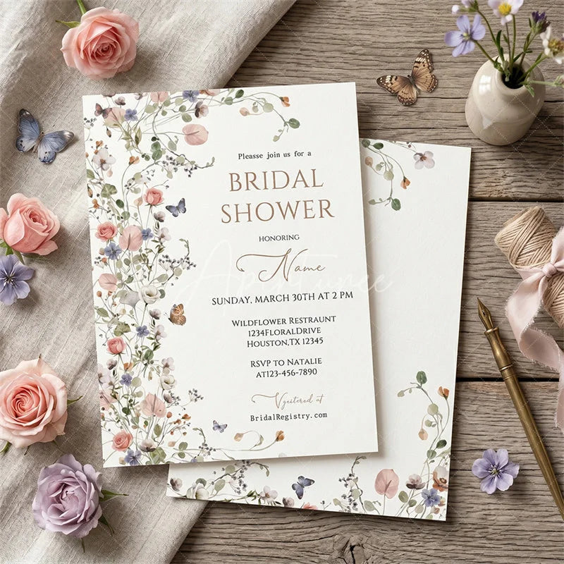 Aperturee - Aperturee Custom Set of 20 Bridal Shower Invitation Floral Design with Pastel Flowers and Butterflies Rustic Garden Theme