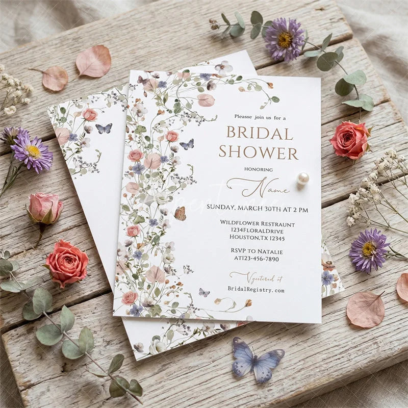 Aperturee - Aperturee Custom Set of 20 Bridal Shower Invitation Floral Design with Pastel Flowers and Butterflies Rustic Garden Theme