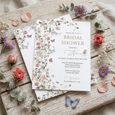 Aperturee - Aperturee Custom Set of 20 Bridal Shower Invitation Floral Design with Pastel Flowers and Butterflies Rustic Garden Theme