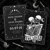 Aperturee - Aperturee Custom Set of 20 Gothic Celestial Wedding Invitation with Embracing Skeletons Dark Romantic Stars and Moon Theme