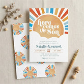 Aperturee - Aperturee Custom Set of 20 Here Comes the Son Sun Baby Shower Invitation Personalized with Vibrant Orange and Blue Rays