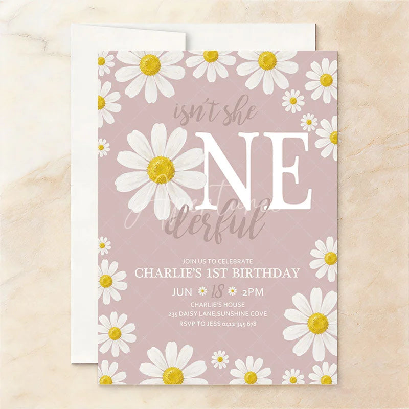 Aperturee - Aperturee Custom Set of 20 Pink Daisy Floral First Birthday Invitation featuring a Baby Photo and ONE derful Slogan