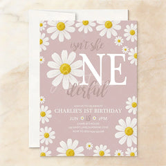 Aperturee - Aperturee Custom Set of 20 Pink Daisy Floral First Birthday Invitation featuring a Baby Photo and ONE derful Slogan