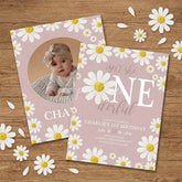 Aperturee - Aperturee Custom Set of 20 Pink Daisy Floral First Birthday Invitation featuring a Baby Photo and ONE derful Slogan