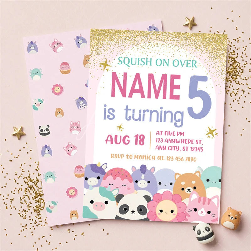 Aperturee - Aperturee Custom Set of 20 Pink Gold Glitter Birthday Invitation with Cute Plush Toy Characters Personalized Party Decor