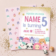 Aperturee - Aperturee Custom Set of 20 Pink Gold Glitter Birthday Invitation with Cute Plush Toy Characters Personalized Party Decor