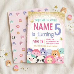 Aperturee - Aperturee Custom Set of 20 Pink Gold Glitter Birthday Invitation with Cute Plush Toy Characters Personalized Party Decor