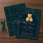Aperturee - Aperturee Custom Set of 20 Plaid Teddy Bear Baby Shower Invitation Elegant Green and Blue Tartan Design for New Baby Celebration