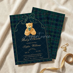 Aperturee - Aperturee Custom Set of 20 Plaid Teddy Bear Baby Shower Invitation Elegant Green and Blue Tartan Design for New Baby Celebration