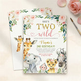 Aperturee - Aperturee Custom Set of 20 She’s Two Wild Safari Animal Birthday Invitation Watercolor Floral Pink and Gold 2nd Birthday Party