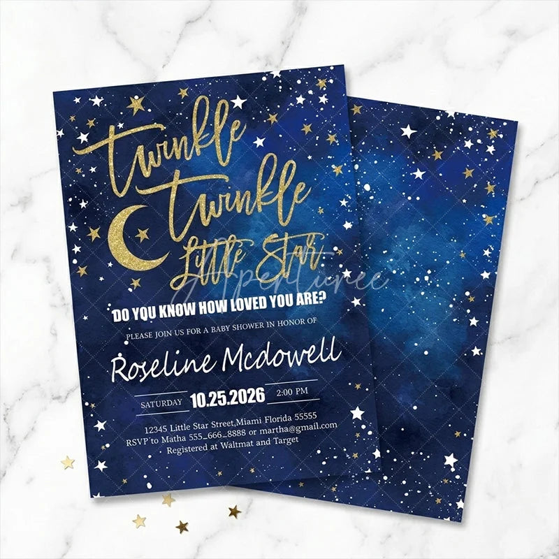Aperturee - Aperturee Custom Set of 20 Twinkle Twinkle Little Star Baby Shower Invitation Blue Gold Glitter Starry Night for Celebration