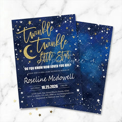 Aperturee - Aperturee Custom Set of 20 Twinkle Twinkle Little Star Baby Shower Invitation Blue Gold Glitter Starry Night for Celebration