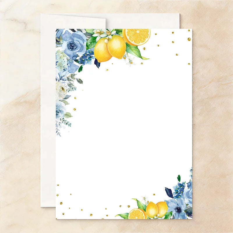 Aperturee - Aperturee Custom Set of 20 Watercolor Blue Floral and Lemon Bridal Shower Invitation She Found Her Main Squeeze Party