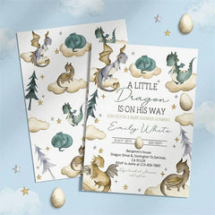 Aperturee - Aperturee Custom Set of 20 Whimsical Dragon Baby Shower Invitation A Little Dragon Is On His Way Theme with Clouds and Stars