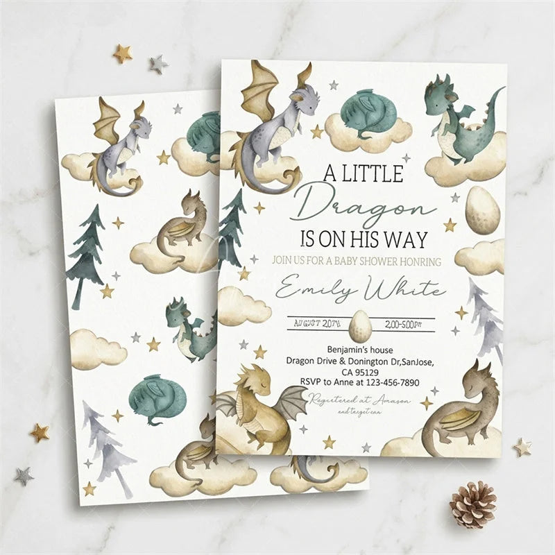 Aperturee - Aperturee Custom Set of 20 Whimsical Dragon Baby Shower Invitation A Little Dragon Is On His Way Theme with Clouds and Stars