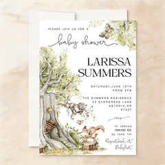 Aperturee - Aperturee Custom Set of 20 Woodland Baby Shower Invitation featuring Watercolor Forest Animals and Enchanted Fairy Tree Houses
