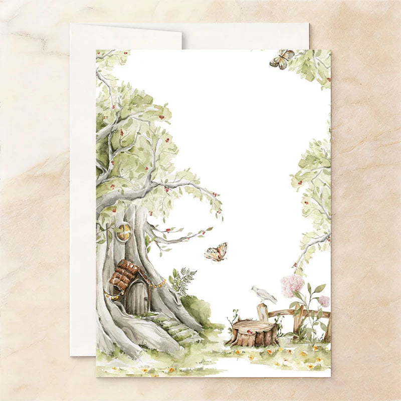 Aperturee - Aperturee Custom Set of 20 Woodland Baby Shower Invitation featuring Watercolor Forest Animals and Enchanted Fairy Tree Houses