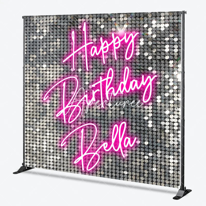 Aperturee - Aperturee Custom Silver Sequin Shimmer Happy Birthday Neon Pink Backdrop Personalized Party Decoration