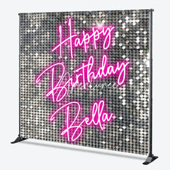 Aperturee - Aperturee Custom Silver Sequin Shimmer Happy Birthday Neon Pink Backdrop Personalized Party Decoration
