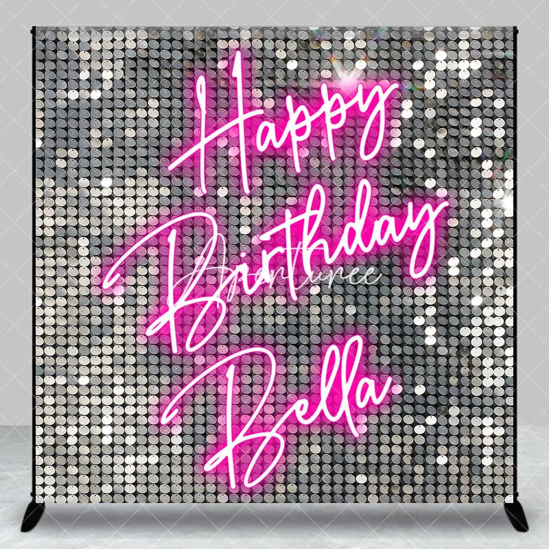 Aperturee - Aperturee Custom Silver Sequin Shimmer Happy Birthday Neon Pink Backdrop Personalized Party Decoration