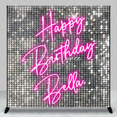 Aperturee - Aperturee Custom Silver Sequin Shimmer Happy Birthday Neon Pink Backdrop Personalized Party Decoration